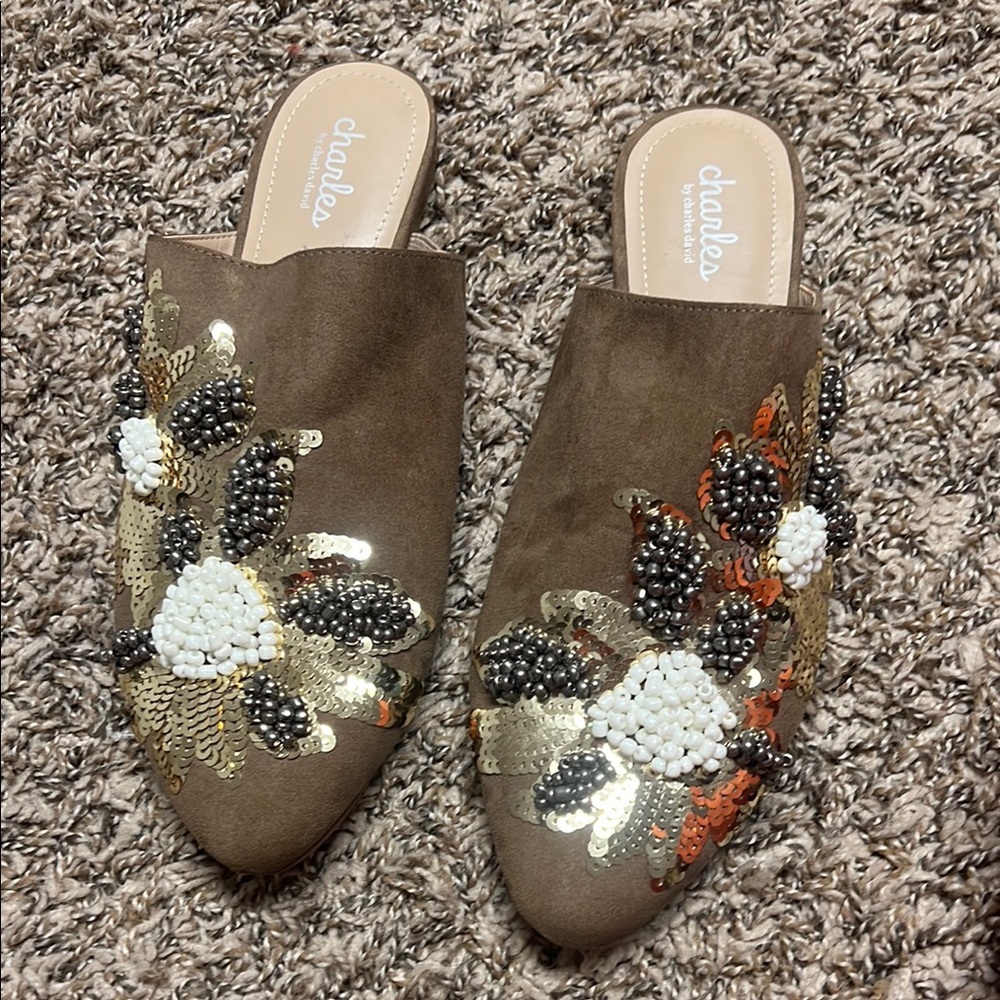 Charles & Keith Brown Mules with Sequin Floral Design
